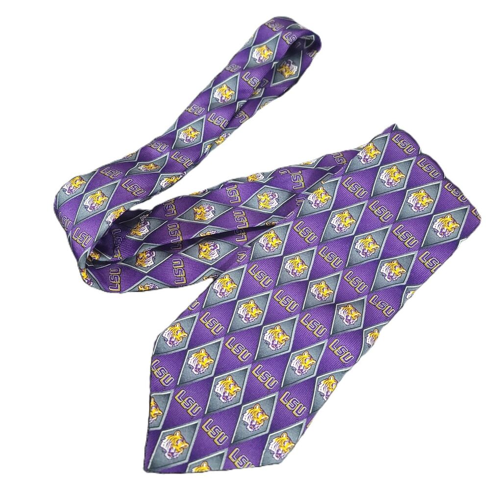 LSU Tigers Eagle Necktie Silk Purple Gray Diamond Pattern